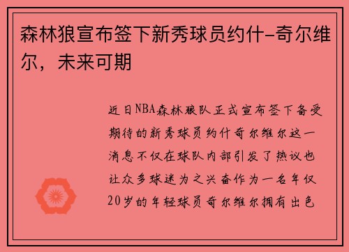 森林狼宣布签下新秀球员约什-奇尔维尔，未来可期