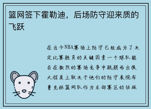 篮网签下霍勒迪，后场防守迎来质的飞跃